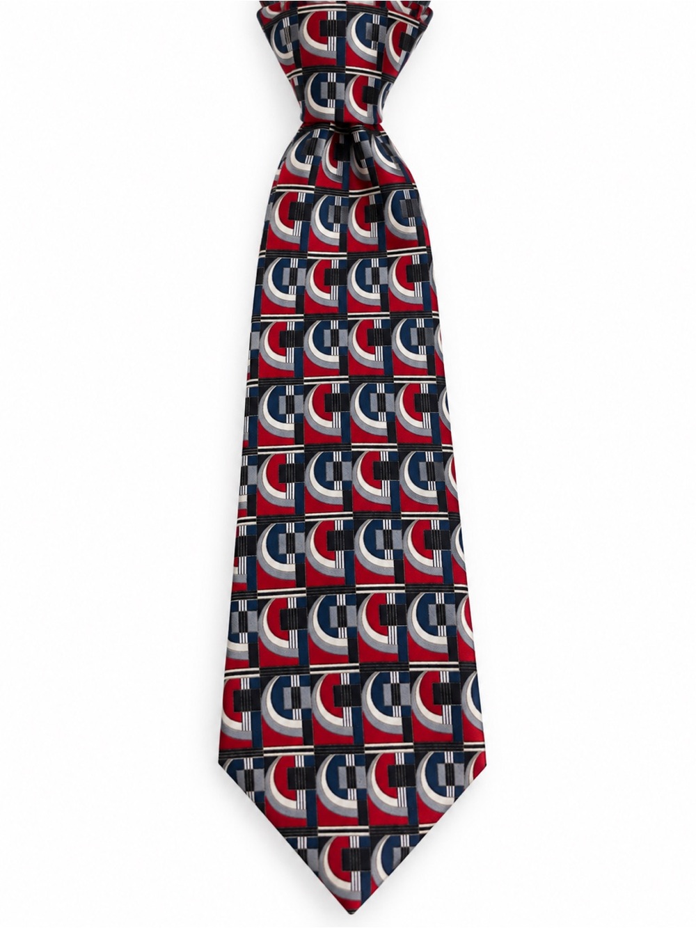 Geometric Print Silk Tie in Red, Navy & White